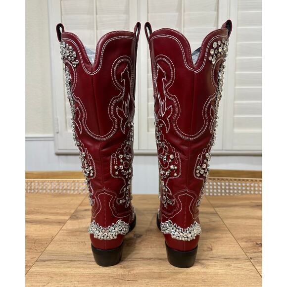 Azalea Wang Maisie Embellished Western Boot Red Faux Leather 8.5 NWOB Crystals - Picture 13 of 16